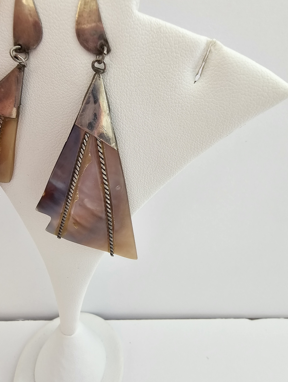 Vintage Southwestern Mother of Pearl Statement Earrings - Carved Geometric MOP - Picture 3 of 10